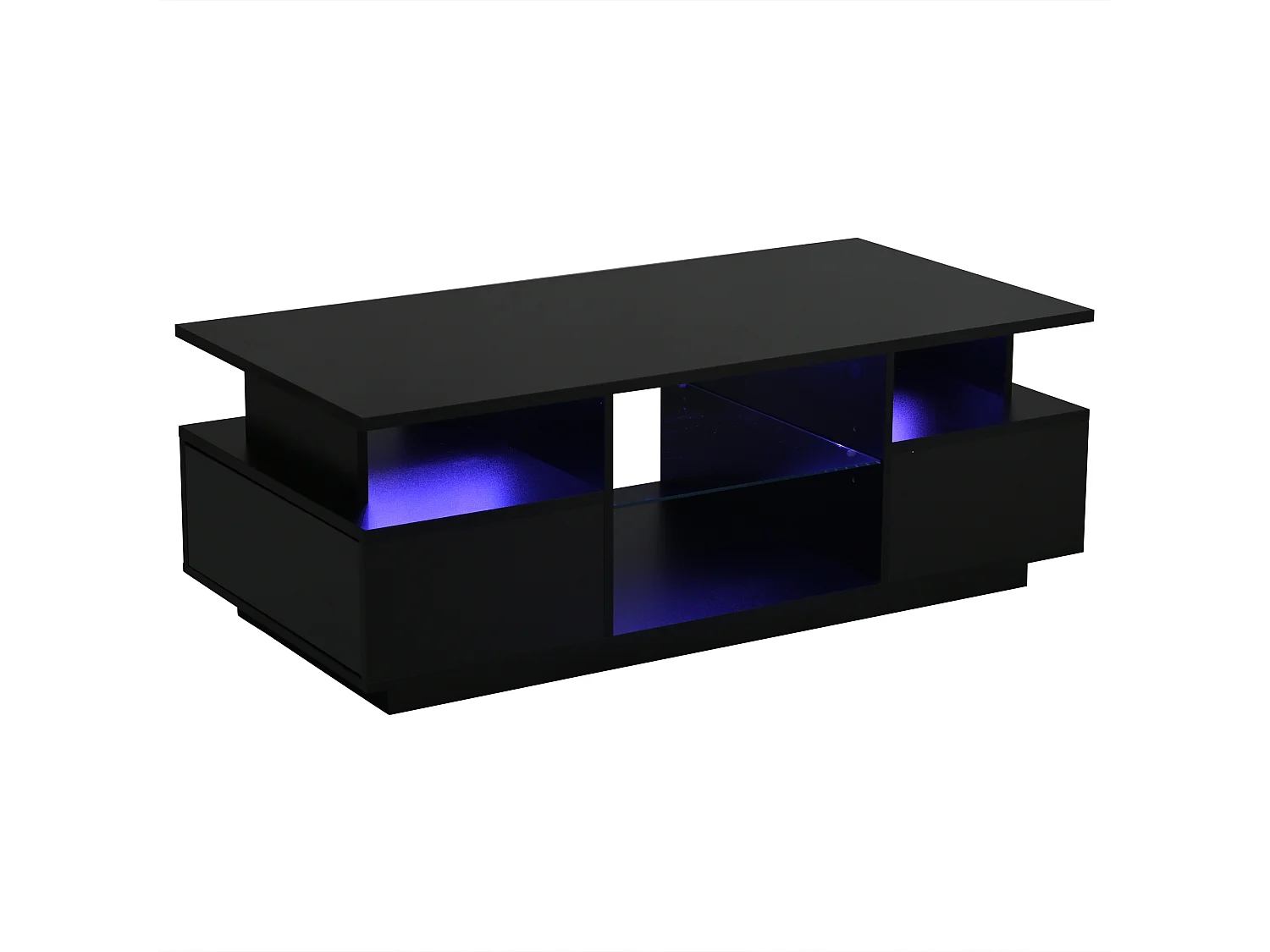 Table basse laquée brillante 100x50x36 cm - avec LED - 2 tiroirs et espace de rangement ouvert - panneaux de particules - noir