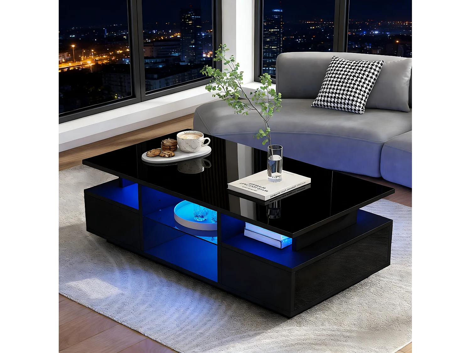 Table basse laquée brillante 100x50x36 cm - avec LED - 2 tiroirs et espace de rangement ouvert - panneaux de particules - noir