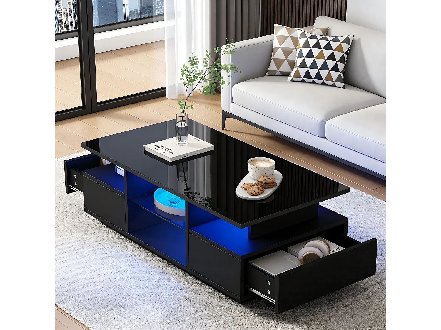 Table basse laquée brillante 100x50x36 cm - avec LED - 2 tiroirs et espace de rangement ouvert - panneaux de particules - noir