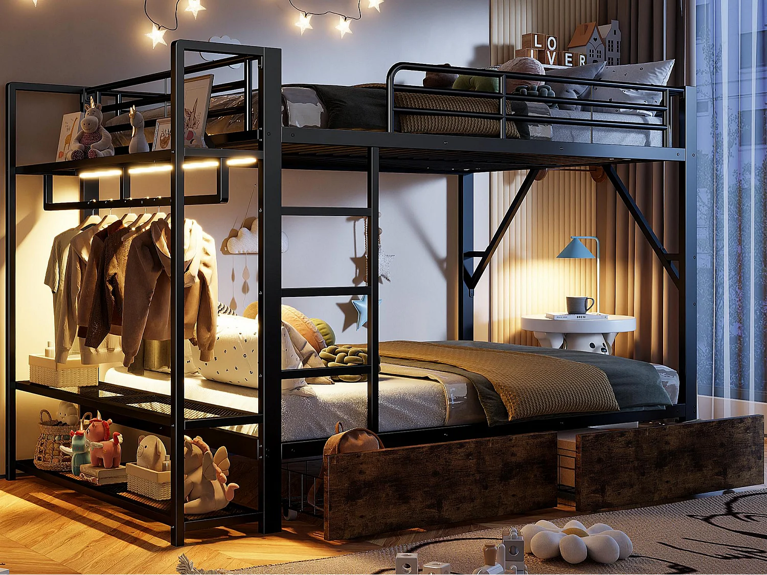 Cama sobreposta 140 x 200 cm - Estrutura de metal - 2 gavetas - Várias prateleiras - Iluminação LED - Cabideiro - preto​ (colchão não incluído)