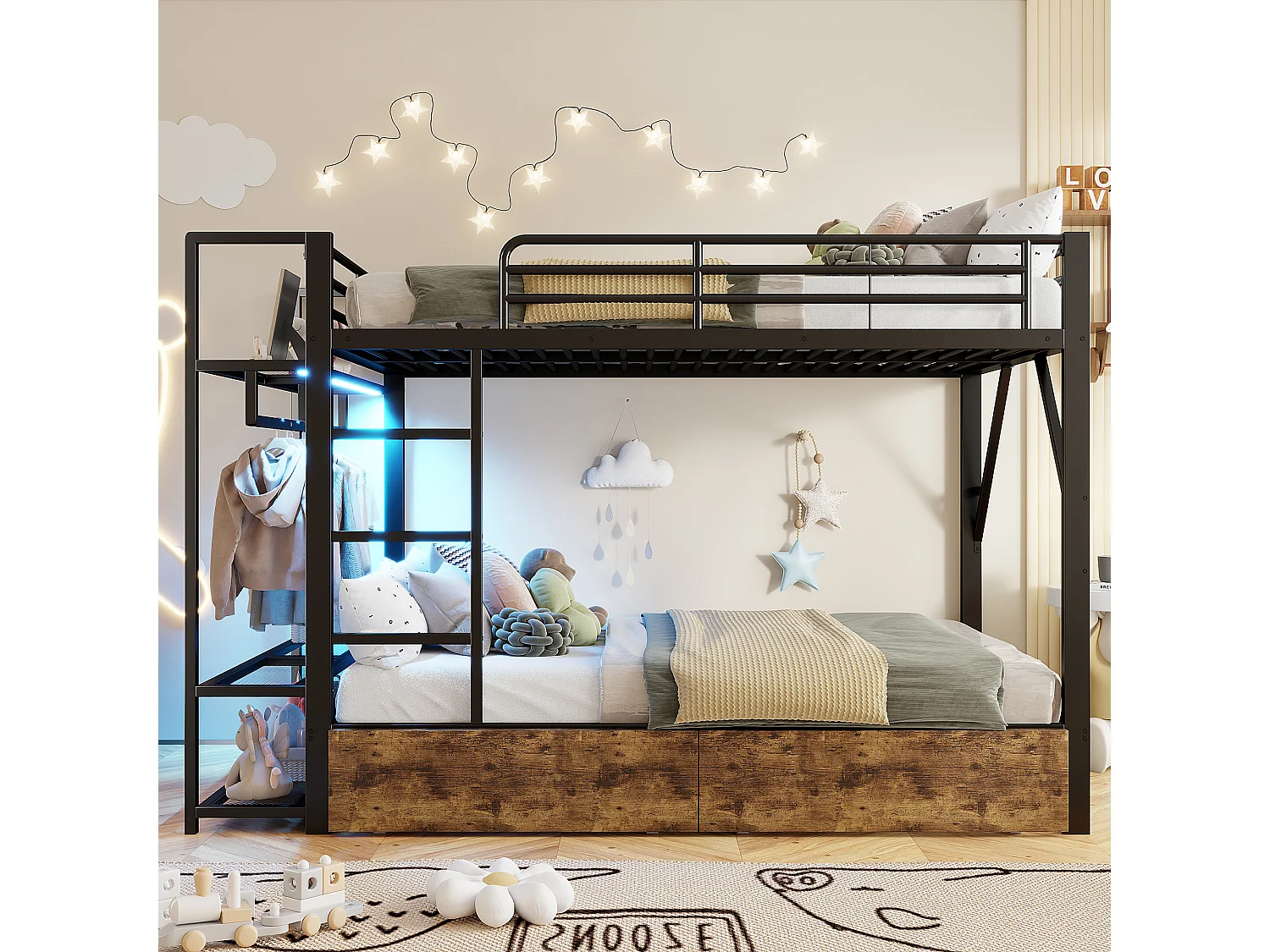 Cama sobreposta 140 x 200 cm - Estrutura de metal - 2 gavetas - Várias prateleiras - Iluminação LED - Cabideiro - preto​ (colchão não incluído)