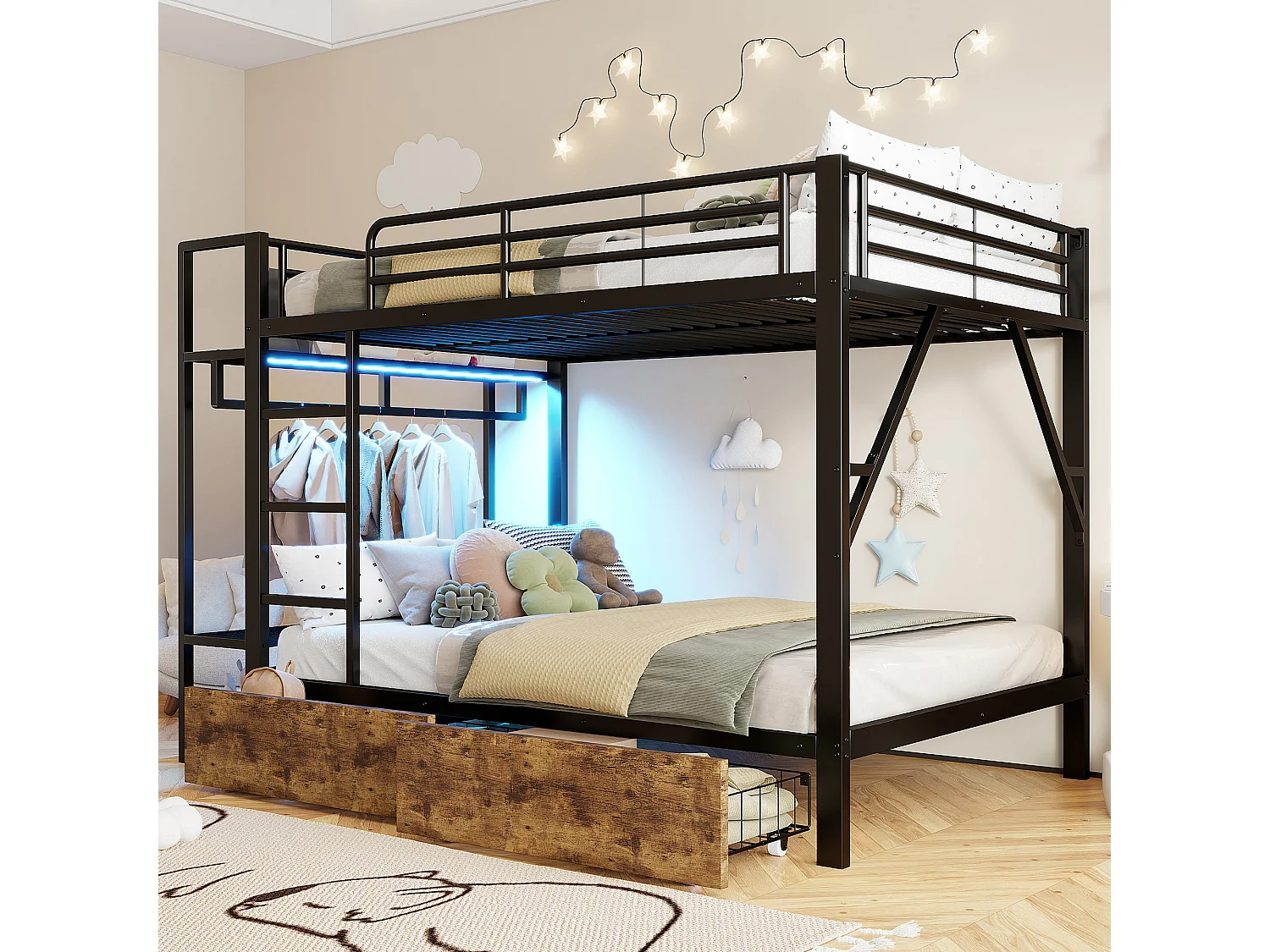 Cama sobreposta 140 x 200 cm - Estrutura de metal - 2 gavetas - Várias prateleiras - Iluminação LED - Cabideiro - preto​ (colchão não incluído)