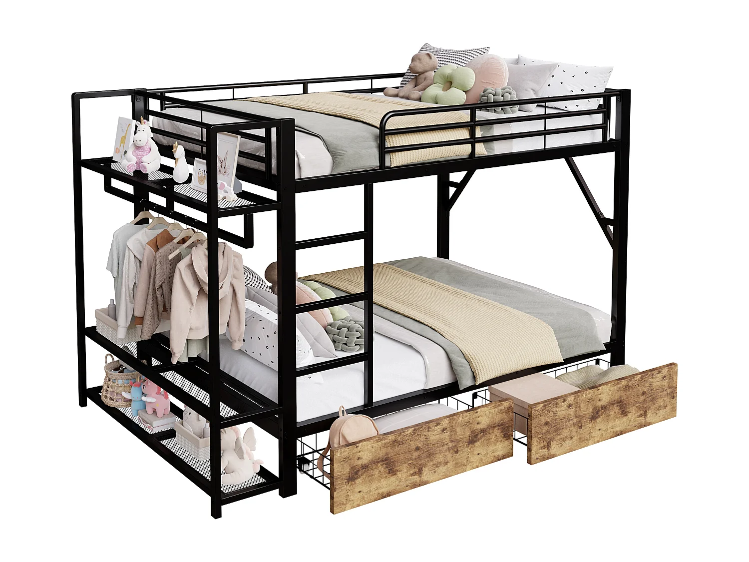 Cama sobreposta 140 x 200 cm - Estrutura de metal - 2 gavetas - Várias prateleiras - Iluminação LED - Cabideiro - preto​ (colchão não incluído)