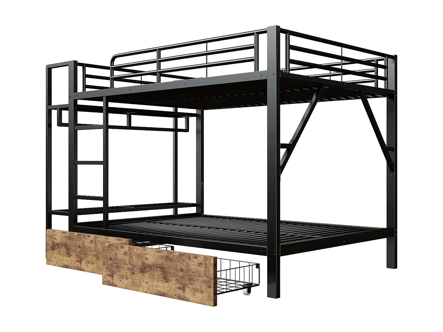 Cama sobreposta 140 x 200 cm - Estrutura de metal - 2 gavetas - Várias prateleiras - Iluminação LED - Cabideiro - preto​ (colchão não incluído)