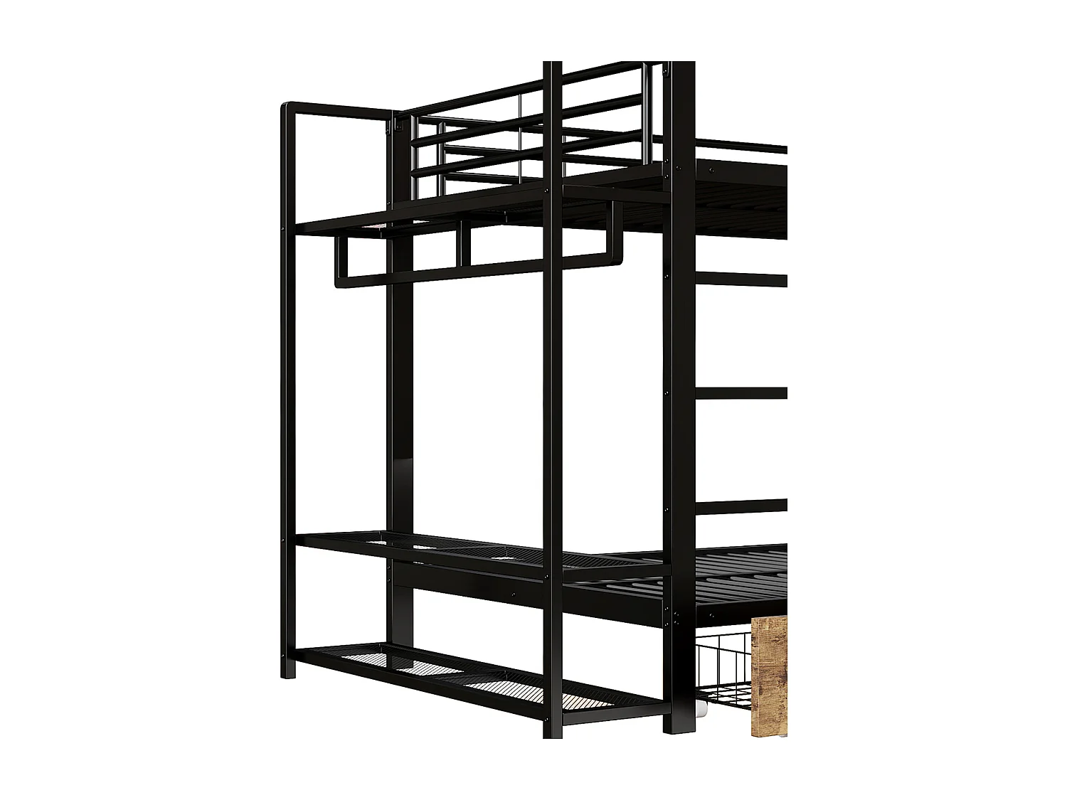 Cama sobreposta 140 x 200 cm - Estrutura de metal - 2 gavetas - Várias prateleiras - Iluminação LED - Cabideiro - preto​ (colchão não incluído)