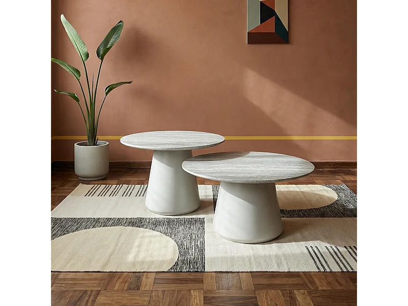 Couchtische 2er Set rund Tango - Travertine-Optik & MDF - Hellgrau