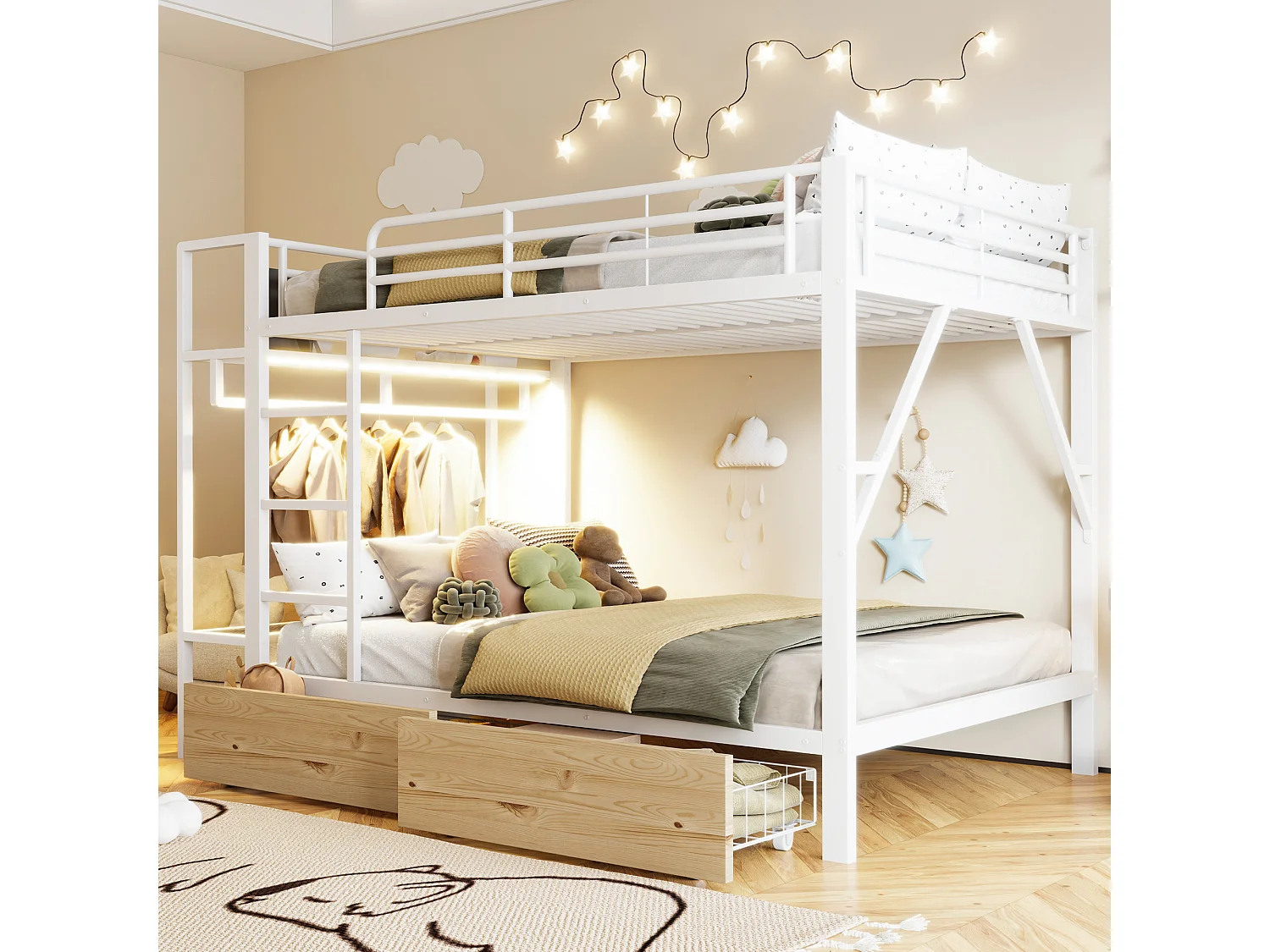 Cama sobreposta 140 x 200 cm - Estrutura de metal - 2 gavetas - Várias prateleiras - Iluminação LED - Cabideiro - Branco​ (colchão não incluído)