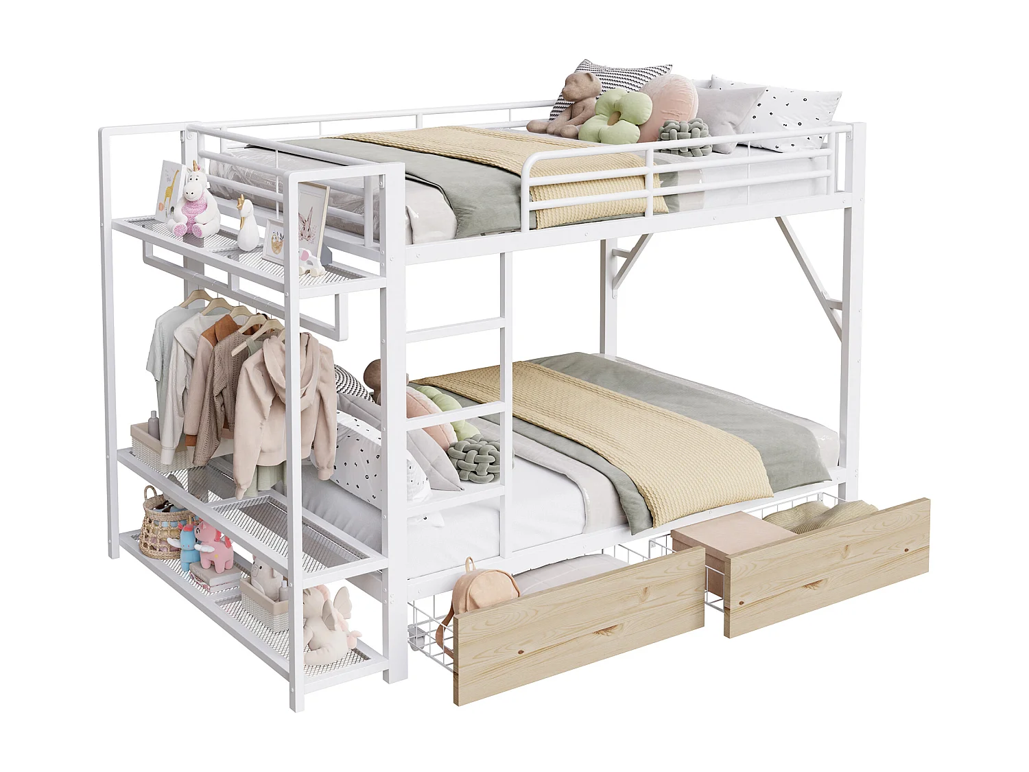 Cama sobreposta 140 x 200 cm - Estrutura de metal - 2 gavetas - Várias prateleiras - Iluminação LED - Cabideiro - Branco​ (colchão não incluído)