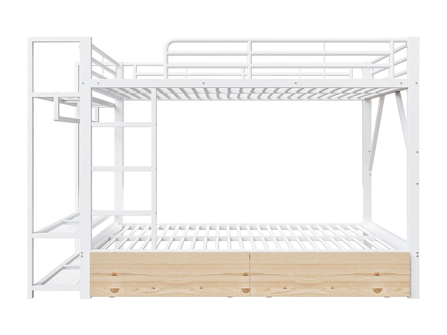 Cama sobreposta 140 x 200 cm - Estrutura de metal - 2 gavetas - Várias prateleiras - Iluminação LED - Cabideiro - Branco​ (colchão não incluído)