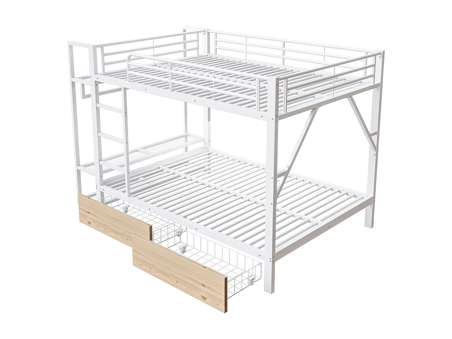 Cama sobreposta 140 x 200 cm - Estrutura de metal - 2 gavetas - Várias prateleiras - Iluminação LED - Cabideiro - Branco​ (colchão não incluído)