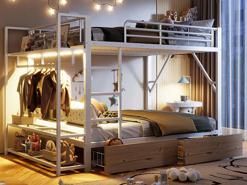 Etagenbett 140 x 200 cm - Metallkonstruktion - 2 Schubladen - Mehrere Regale - LED-Beleuchtung - Kleiderstange - Weiß​ (Matratze nicht inbegriffen)