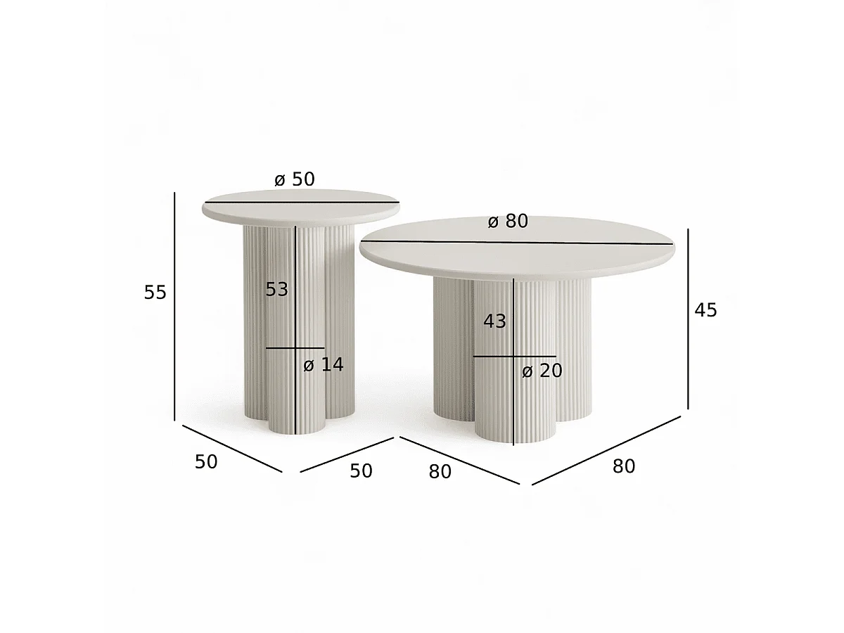 Couchtische 2er Set rund Flow - Lackiert & MDF - Cremeweiß