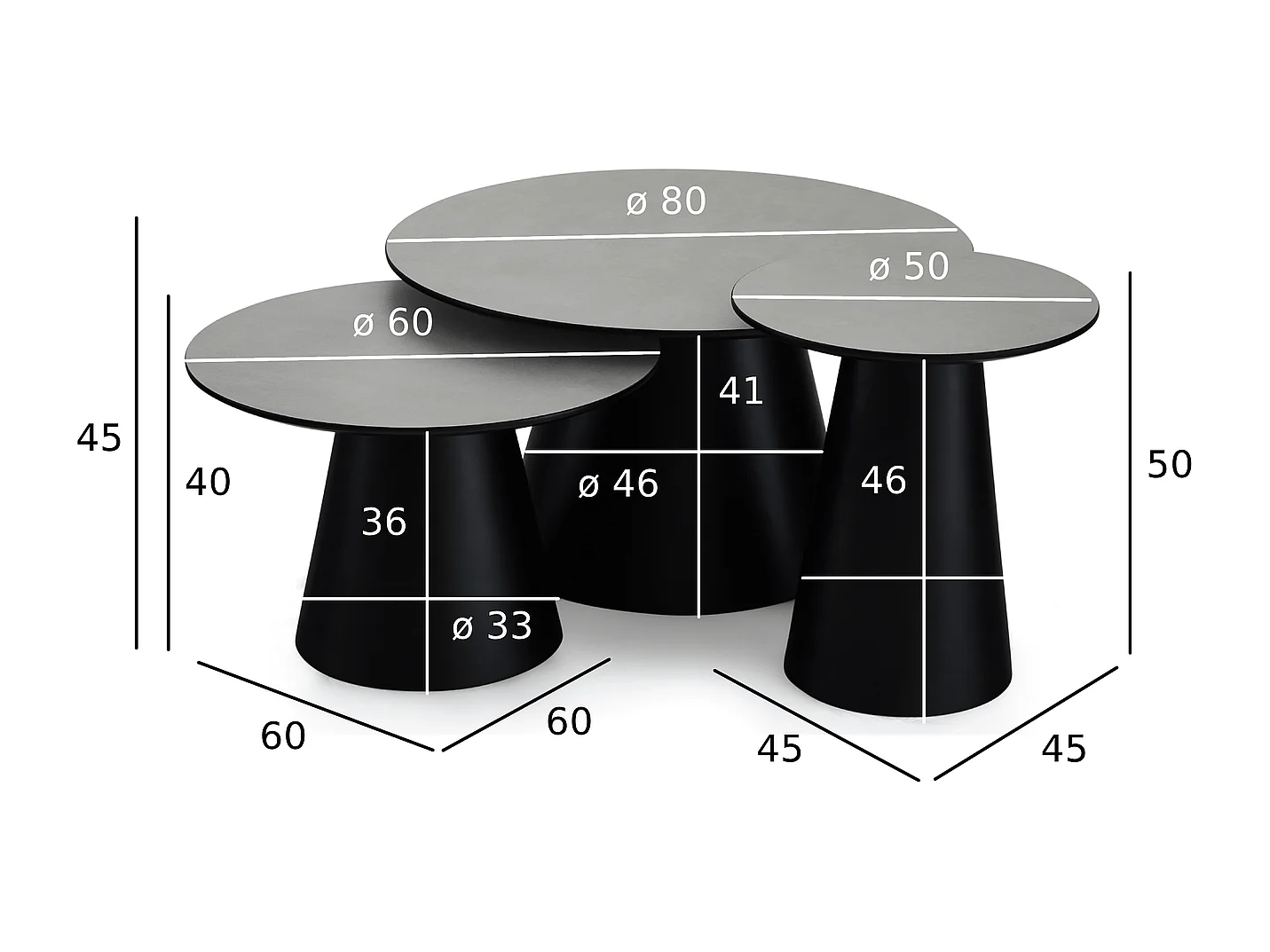 Couchtische 3er Set rund Tango - Beton-Optik & MDF - Hellgrau