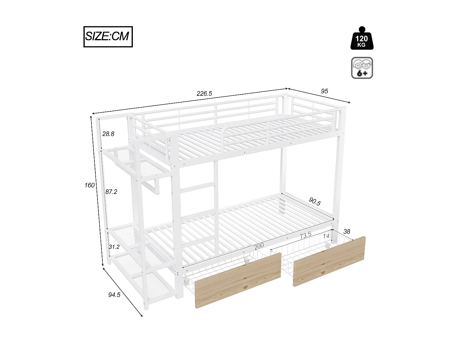 Cama sobreposta 90 x 200 cm - Estrutura de metal - 2 gavetas - Várias prateleiras - Iluminação LED - Cabideiro - Branco​ (colchão não incluído)