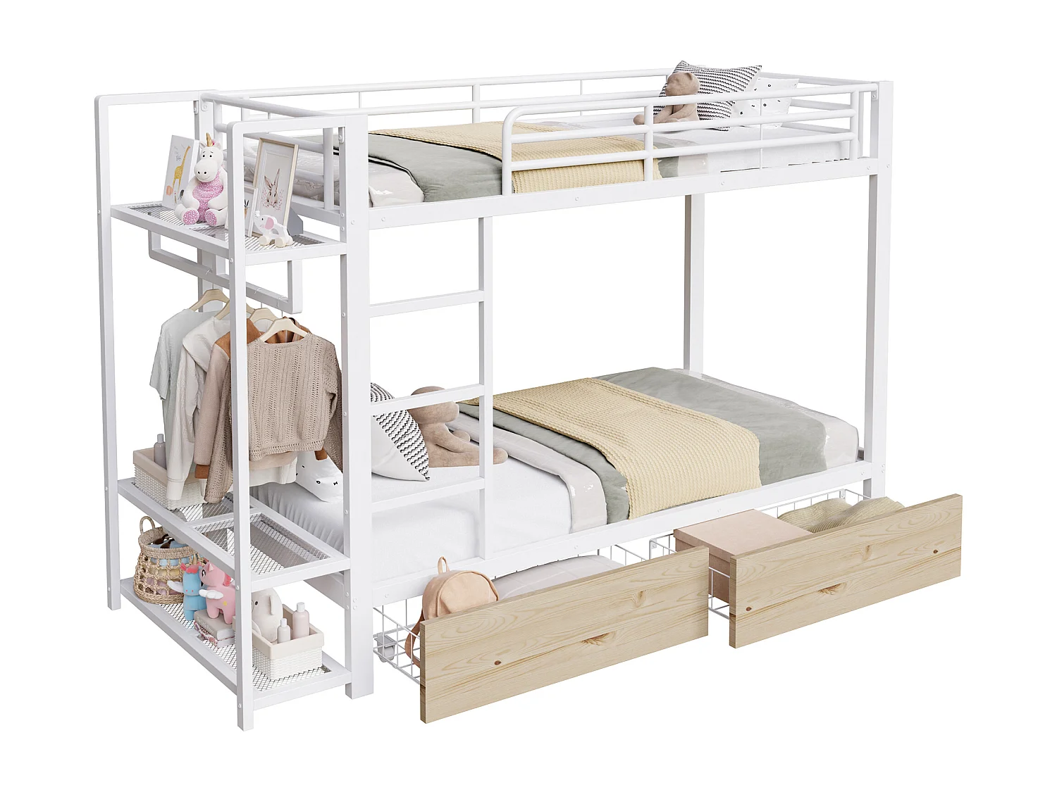 Cama sobreposta 90 x 200 cm - Estrutura de metal - 2 gavetas - Várias prateleiras - Iluminação LED - Cabideiro - Branco​ (colchão não incluído)