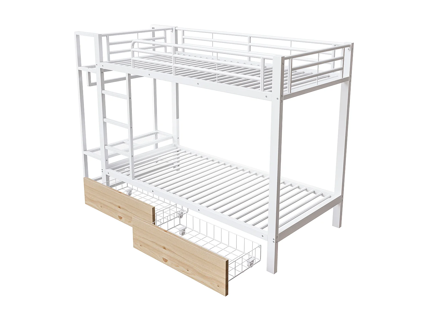 Cama sobreposta 90 x 200 cm - Estrutura de metal - 2 gavetas - Várias prateleiras - Iluminação LED - Cabideiro - Branco​ (colchão não incluído)