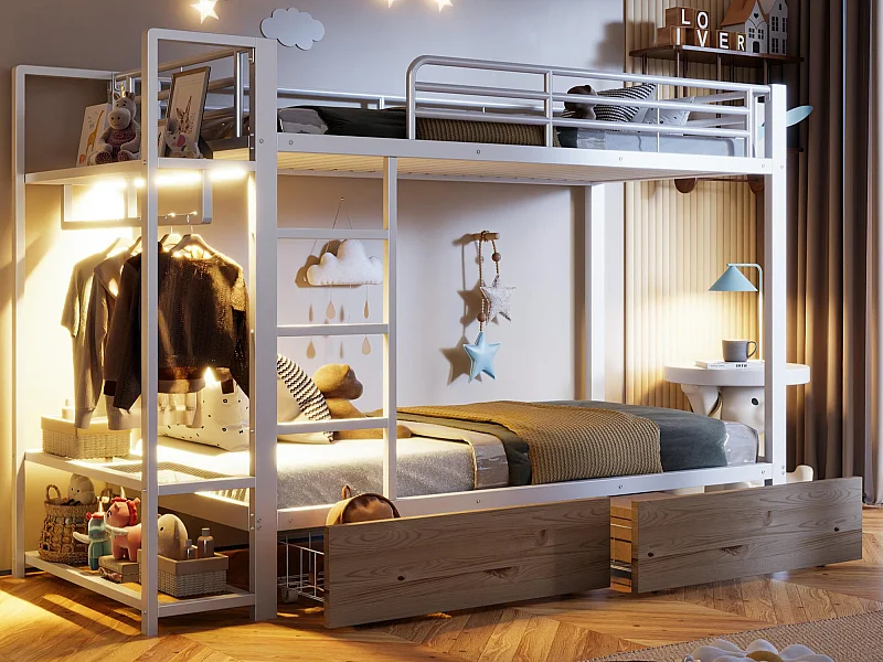 Etagenbett 90 x 200 cm - Metallkonstruktion - 2 Schubladen - Mehrere Regale - LED-Beleuchtung - Kleiderstange - Weiß​ (Matratze nicht inbegriffen)