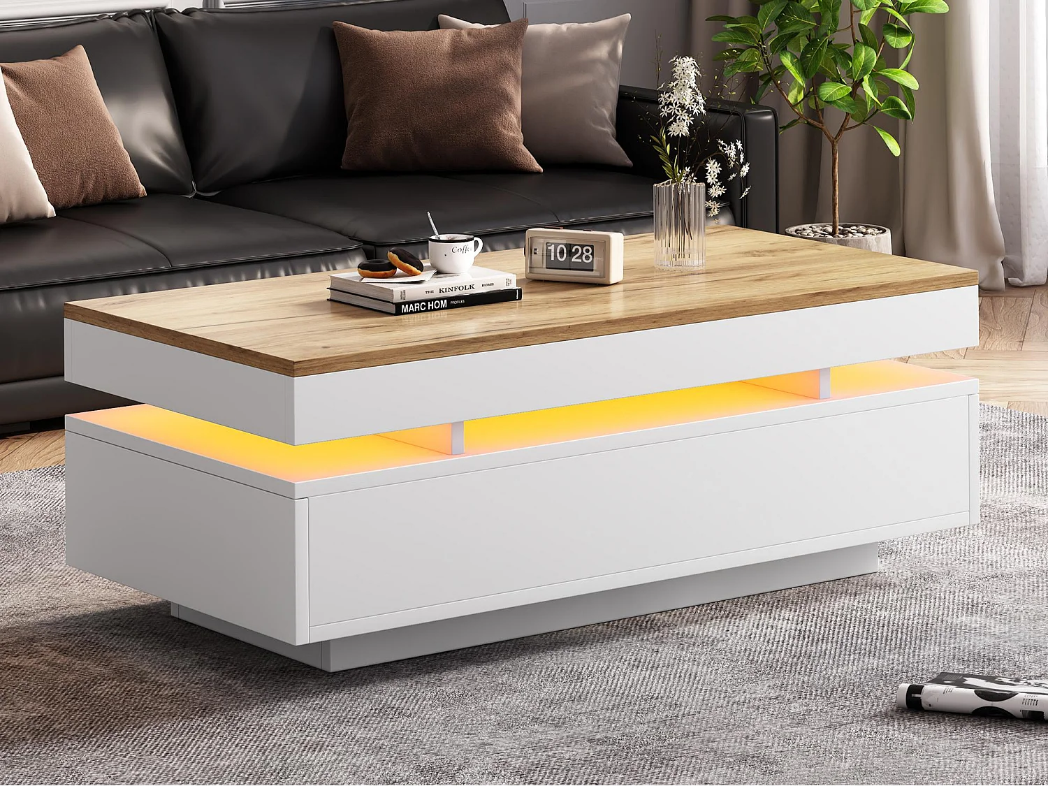 Table basse laquée brillante 100x50x35 cm - avec LED - avec 2 tiroirs - panneaux de particules - blanc + naturel