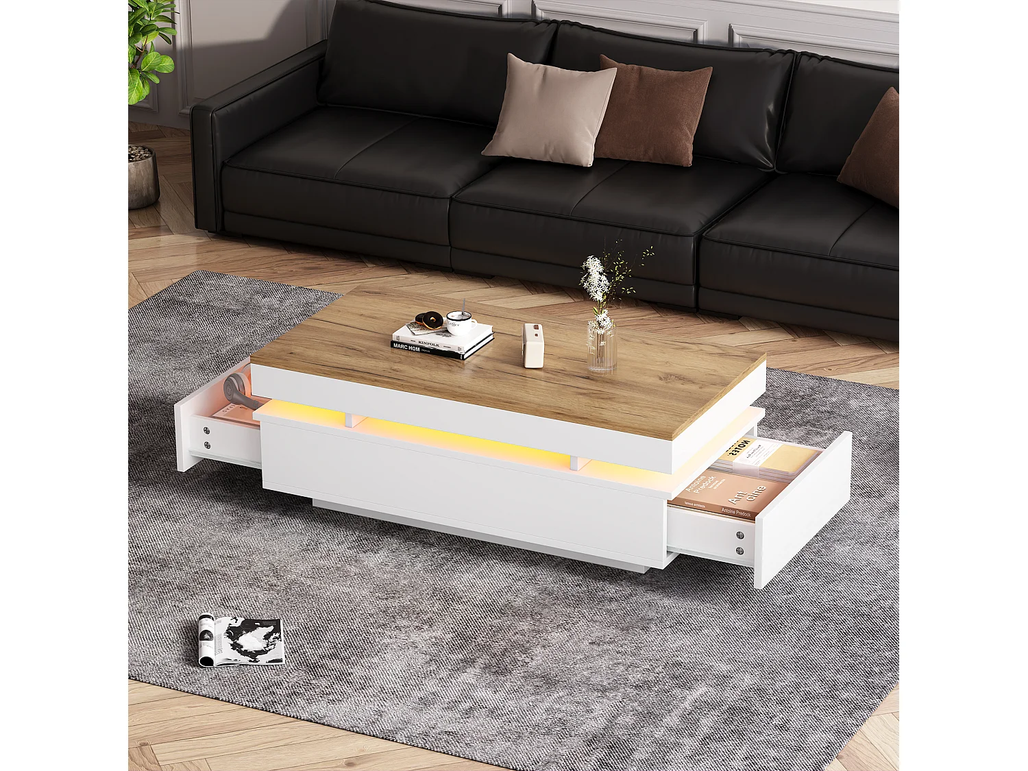 Table basse laquée brillante 100x50x35 cm - avec LED - avec 2 tiroirs - panneaux de particules - blanc + naturel