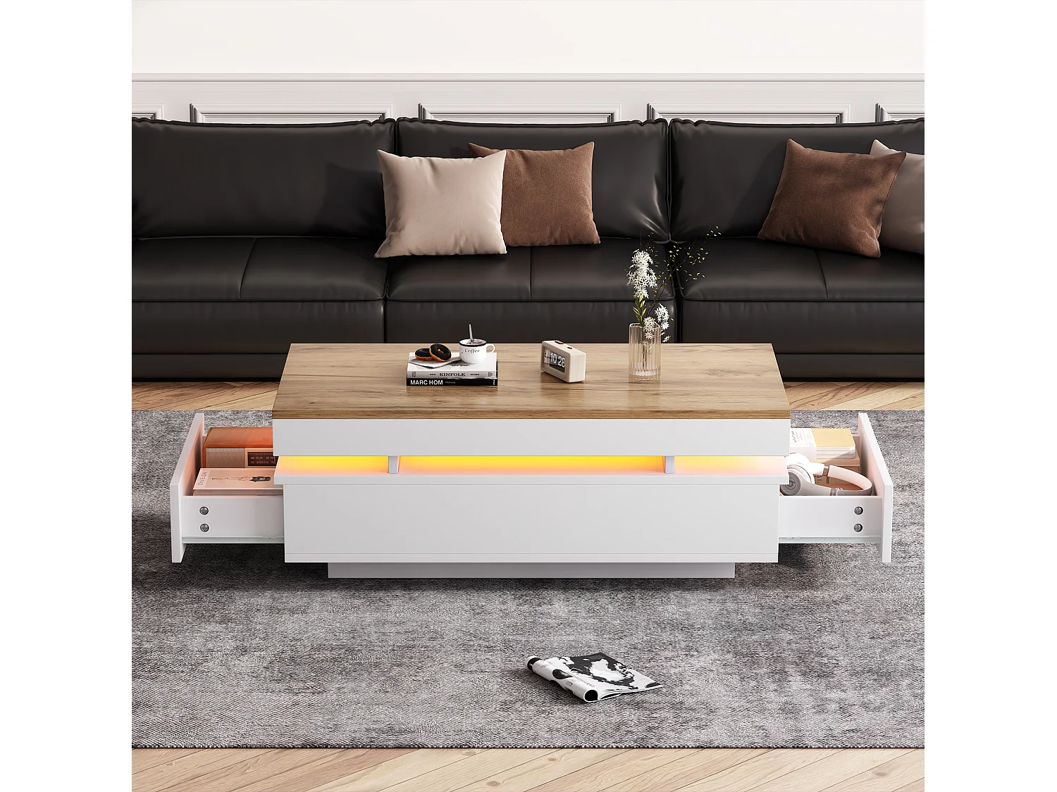 Table basse laquée brillante 100x50x35 cm - avec LED - avec 2 tiroirs - panneaux de particules - blanc + naturel