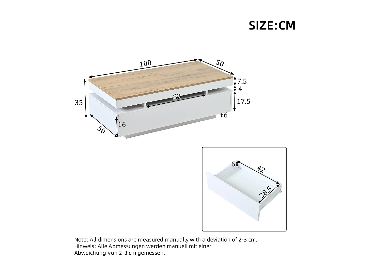 Table basse laquée brillante 100x50x35 cm - avec LED - avec 2 tiroirs - panneaux de particules - blanc + naturel
