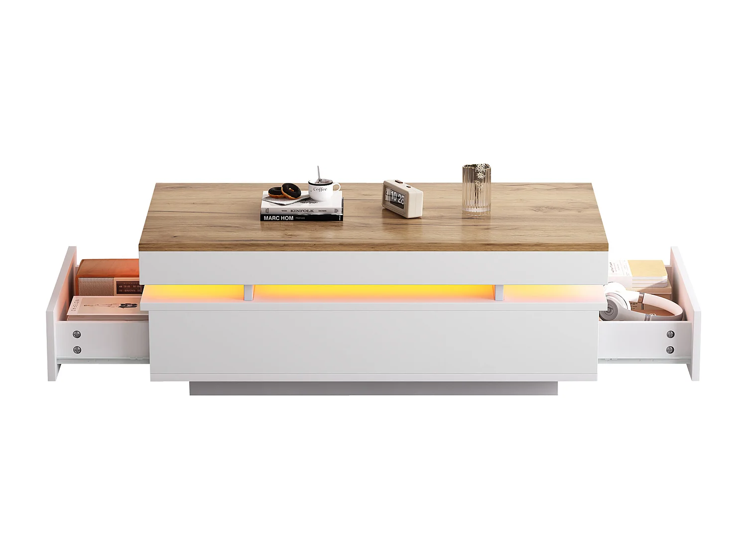 Table basse laquée brillante 100x50x35 cm - avec LED - avec 2 tiroirs - panneaux de particules - blanc + naturel