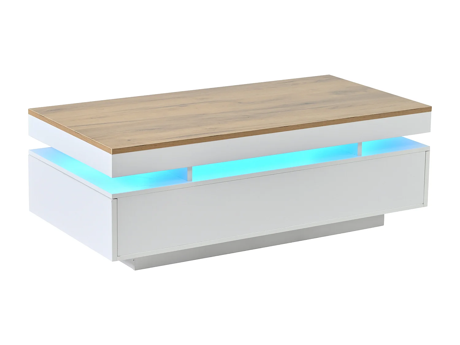 Table basse laquée brillante 100x50x35 cm - avec LED - avec 2 tiroirs - panneaux de particules - blanc + naturel