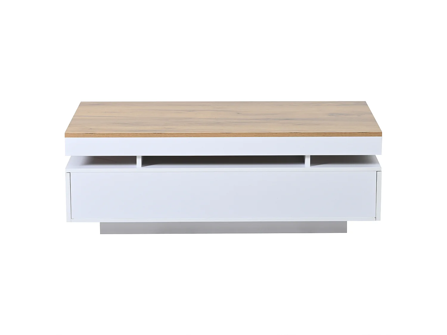 Table basse laquée brillante 100x50x35 cm - avec LED - avec 2 tiroirs - panneaux de particules - blanc + naturel