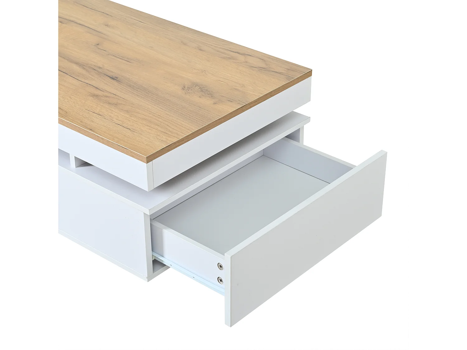 Table basse laquée brillante 100x50x35 cm - avec LED - avec 2 tiroirs - panneaux de particules - blanc + naturel