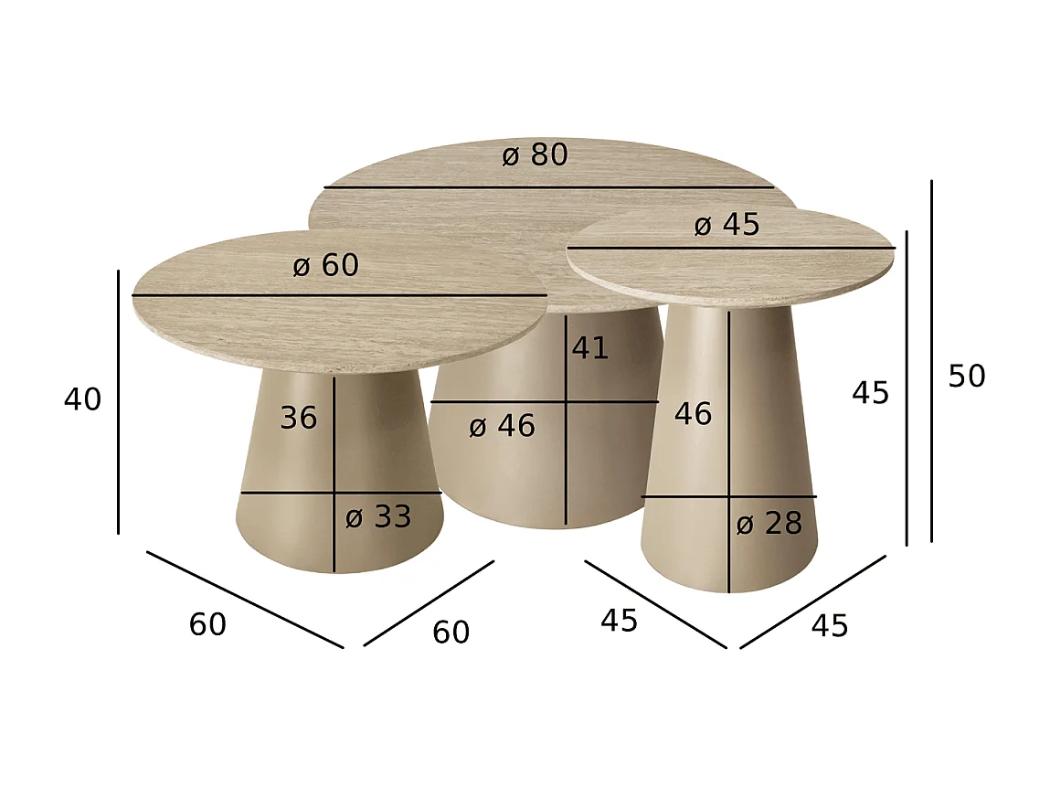 Couchtische 3er Set rund Tango - Travertine-Optik & MDF - Beige