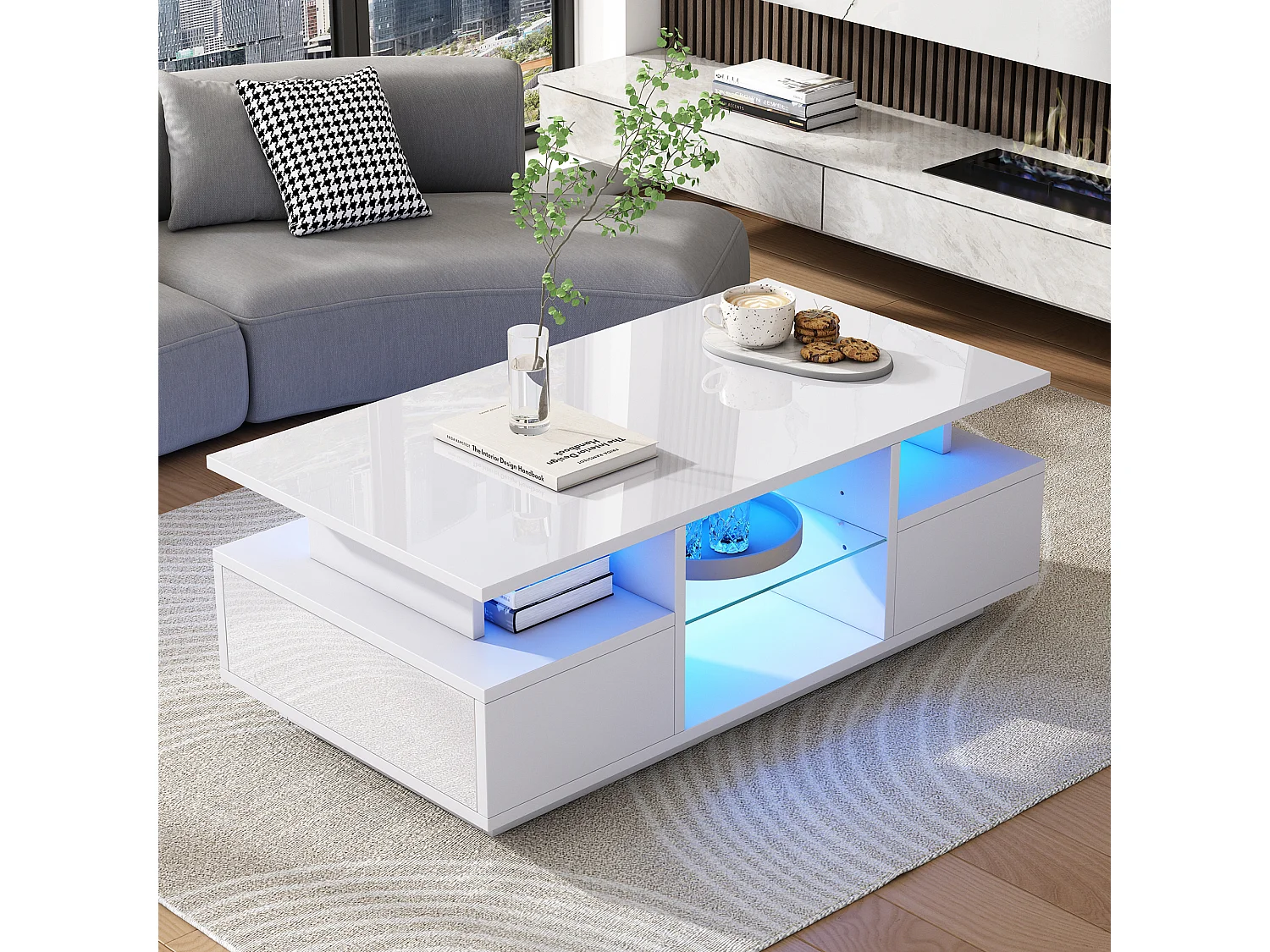 Table basse laquée brillante 100x50x36 cm - avec LED - 2 tiroirs et espace de rangement ouvert - panneaux de particules - blanc