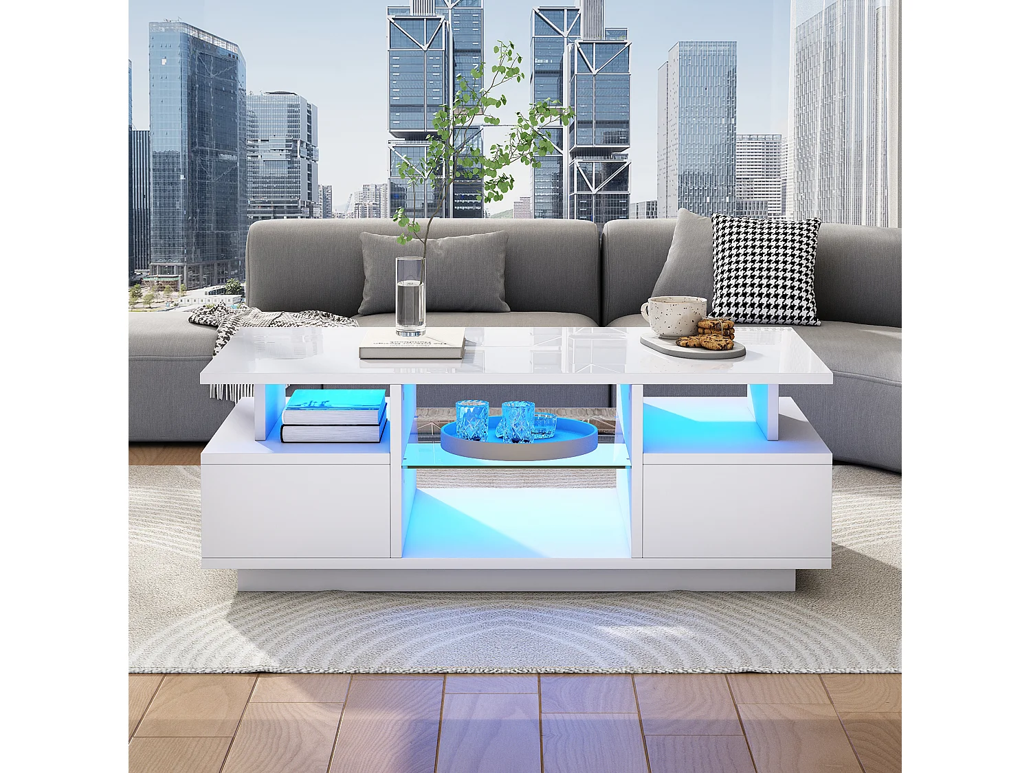Table basse laquée brillante 100x50x36 cm - avec LED - 2 tiroirs et espace de rangement ouvert - panneaux de particules - blanc