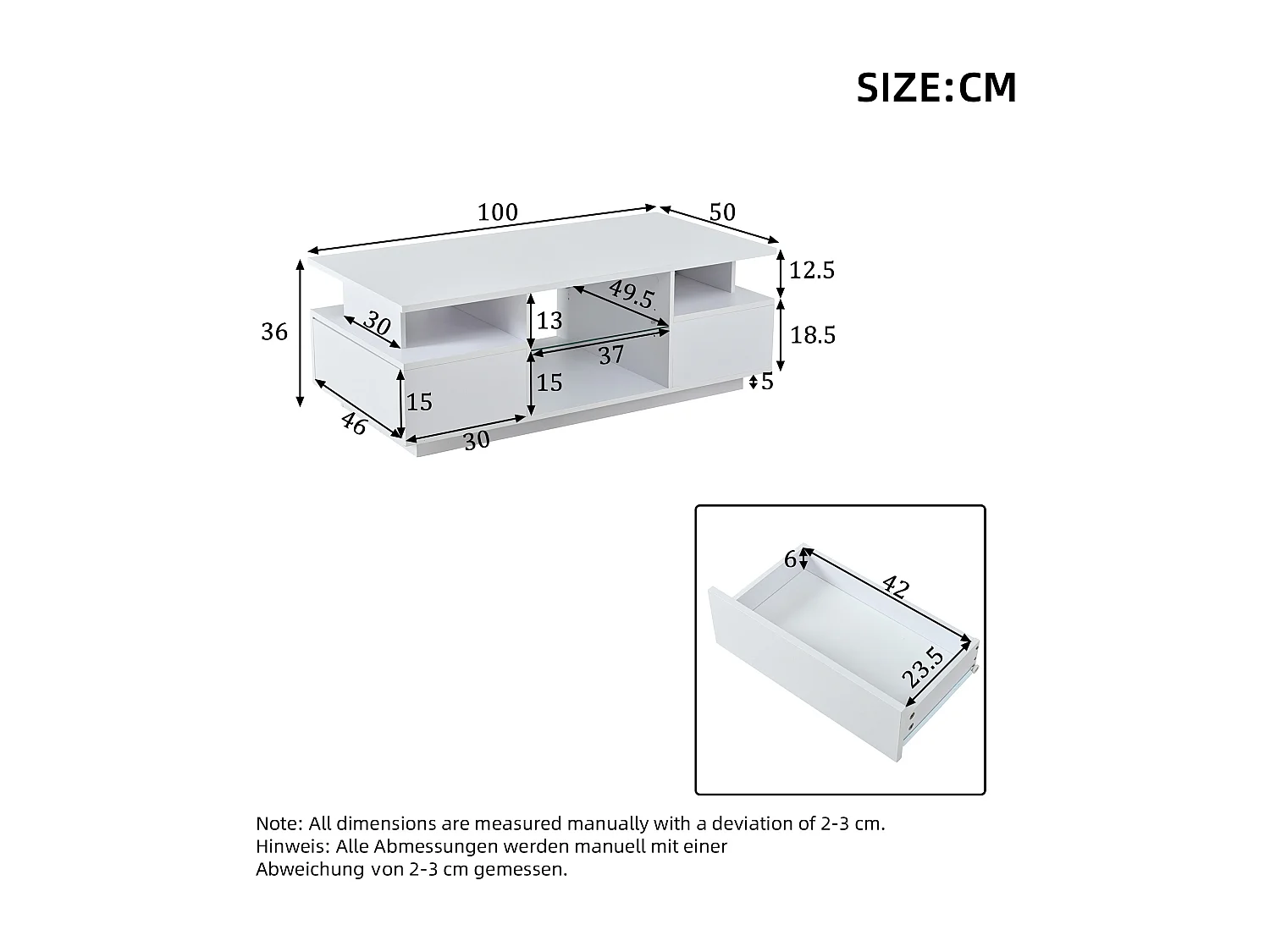 Table basse laquée brillante 100x50x36 cm - avec LED - 2 tiroirs et espace de rangement ouvert - panneaux de particules - blanc