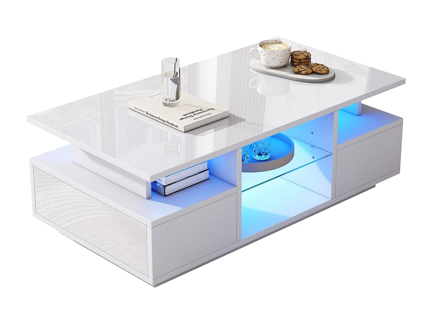 Table basse laquée brillante 100x50x36 cm - avec LED - 2 tiroirs et espace de rangement ouvert - panneaux de particules - blanc