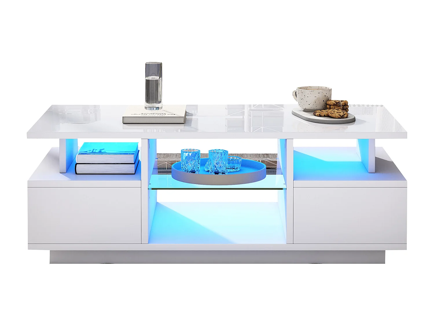 Table basse laquée brillante 100x50x36 cm - avec LED - 2 tiroirs et espace de rangement ouvert - panneaux de particules - blanc