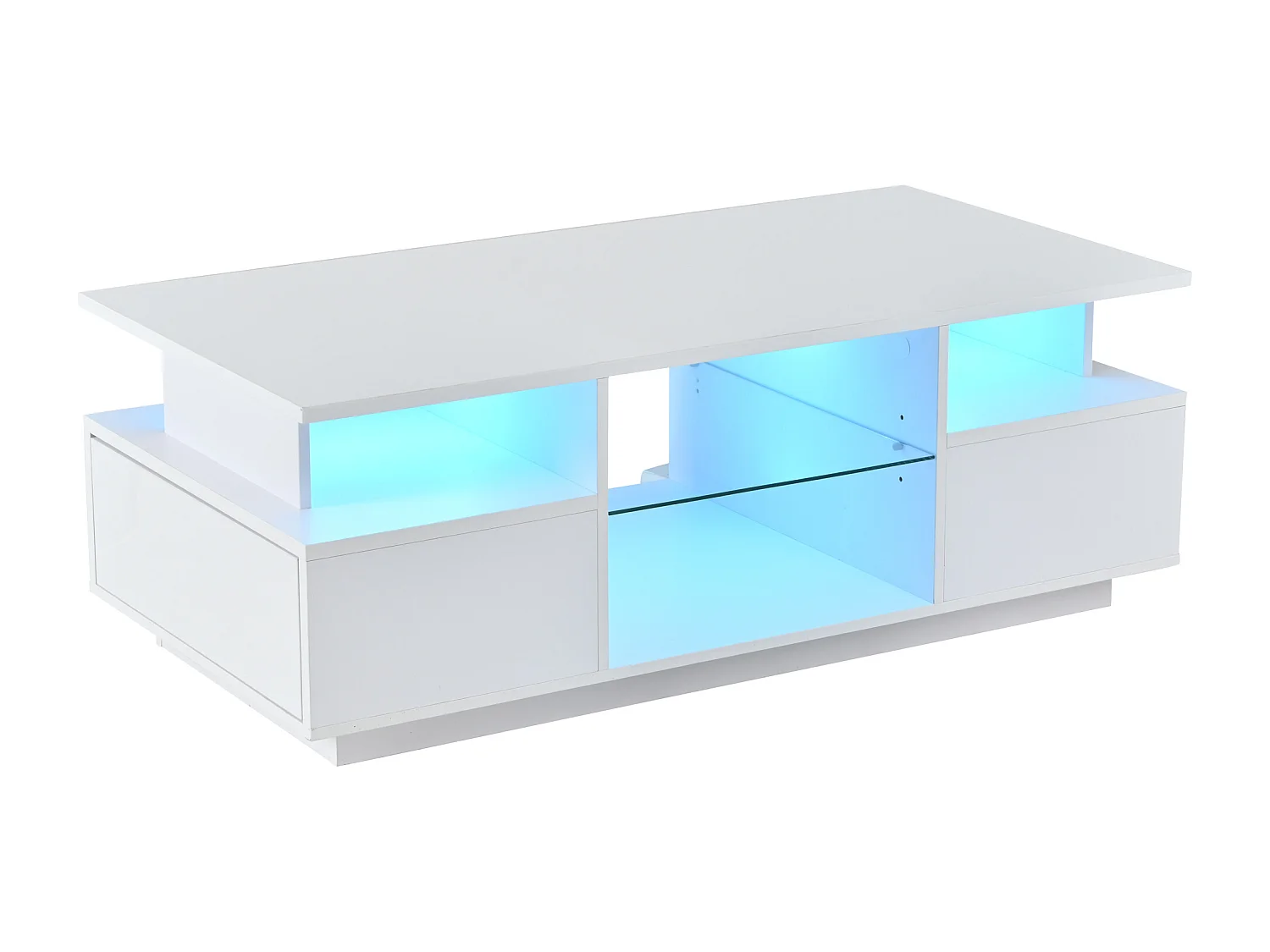 Table basse laquée brillante 100x50x36 cm - avec LED - 2 tiroirs et espace de rangement ouvert - panneaux de particules - blanc