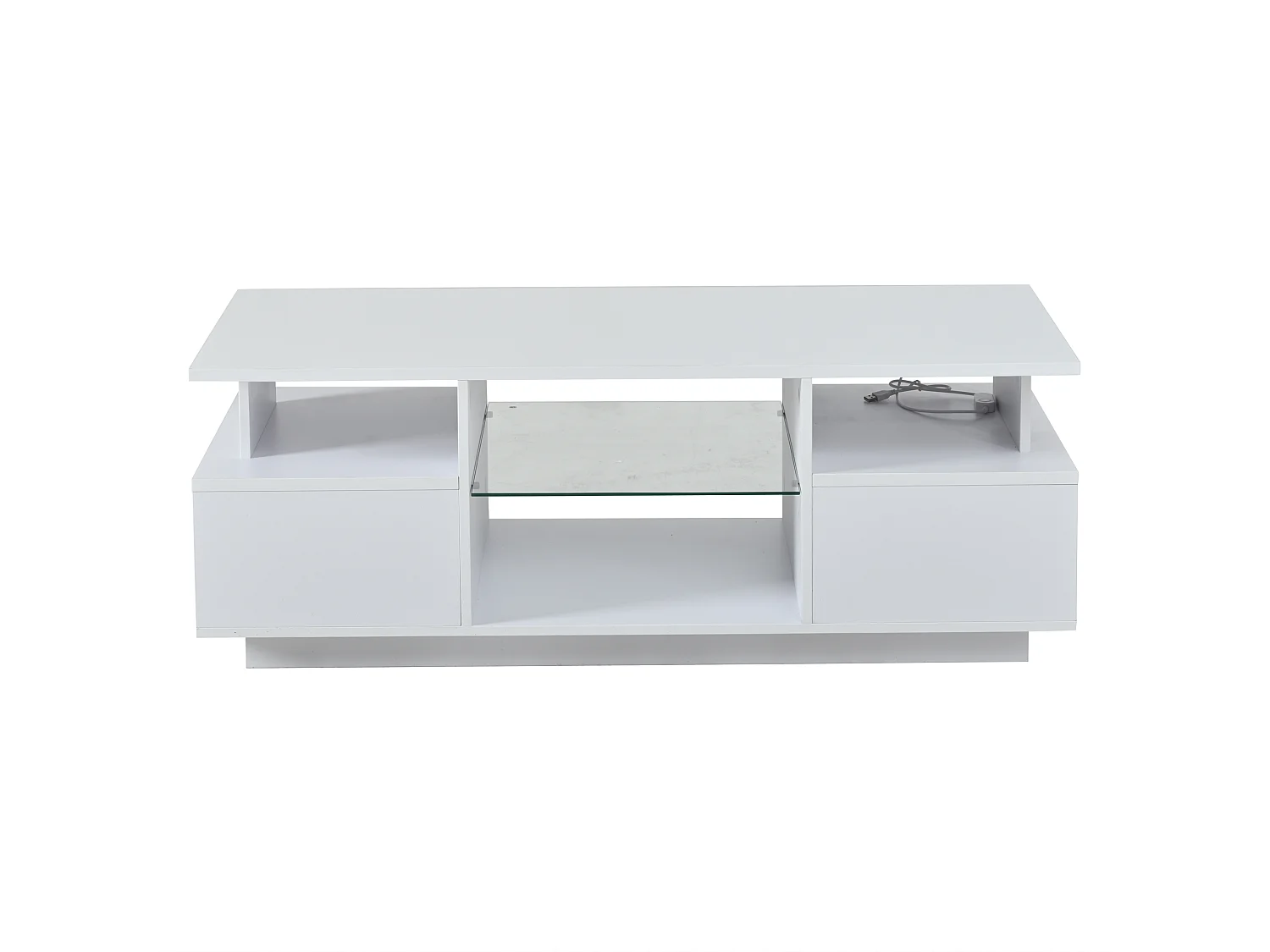 Table basse laquée brillante 100x50x36 cm - avec LED - 2 tiroirs et espace de rangement ouvert - panneaux de particules - blanc