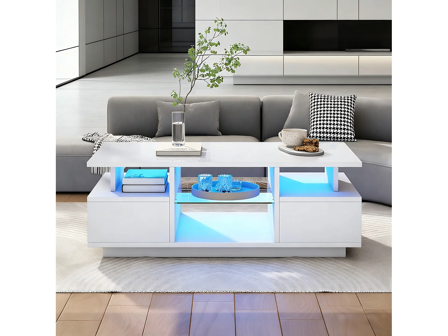 Table basse laquée brillante 100x50x36 cm - avec LED - 2 tiroirs et espace de rangement ouvert - panneaux de particules - blanc