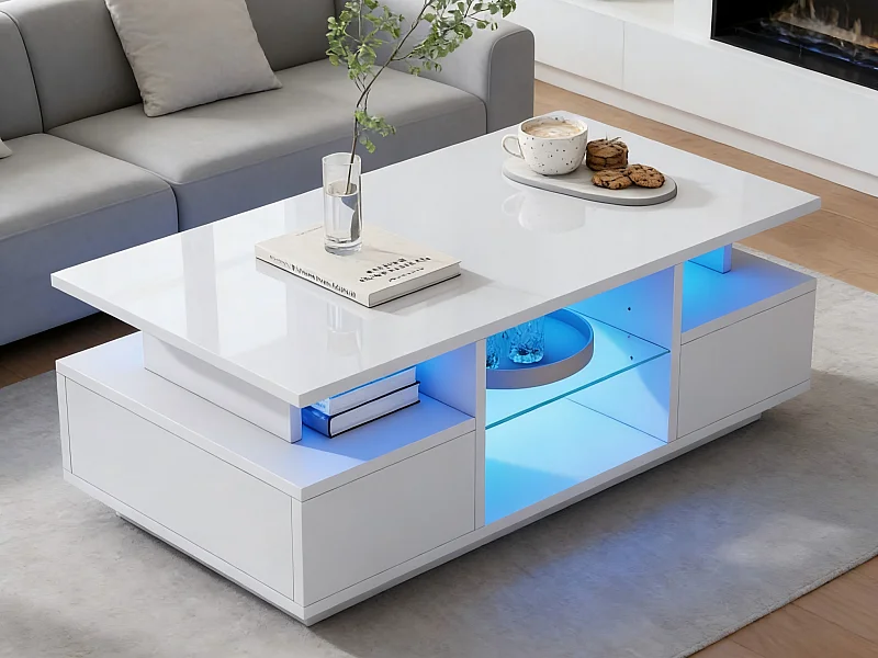 Table basse laquée brillante 100x50x36 cm - avec LED - 2 tiroirs et espace de rangement ouvert - panneaux de particules - blanc
