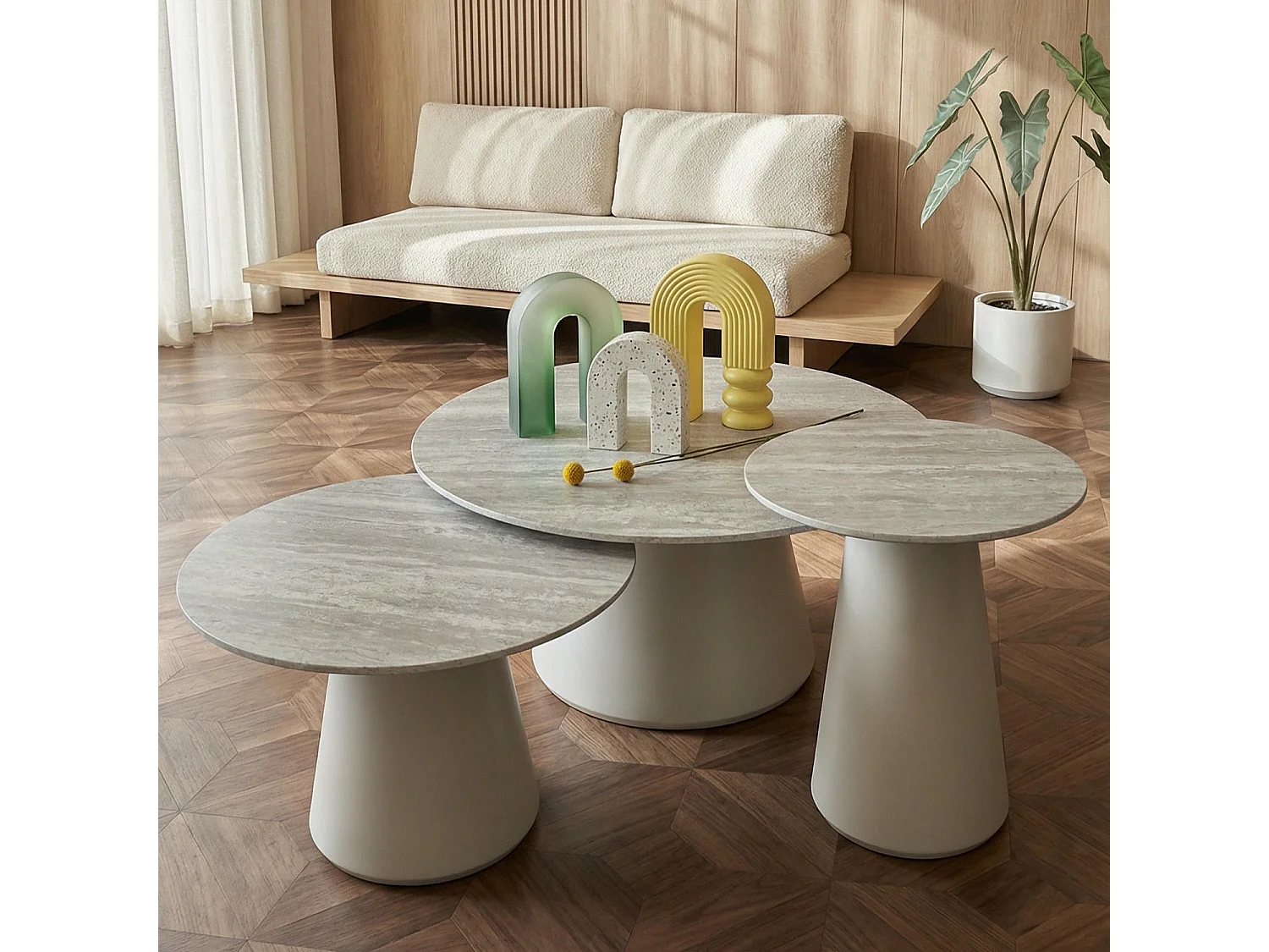 Couchtische 3er Set rund Tango - Travertine-Optik & MDF - Hellgrau