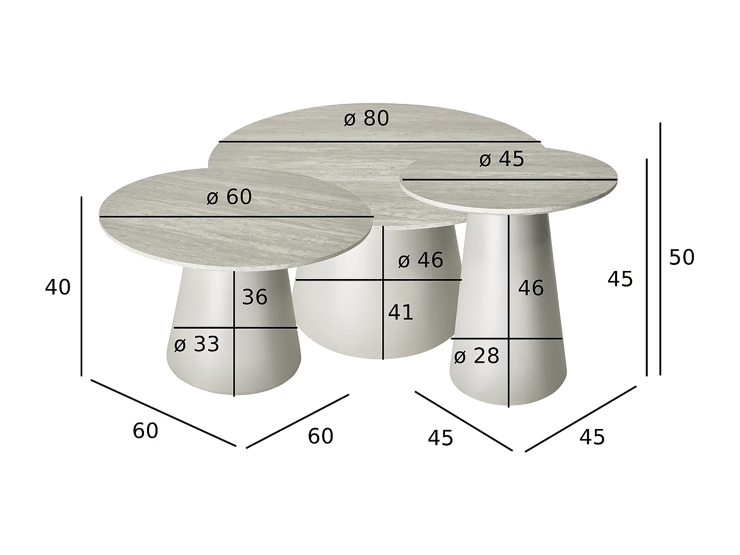 Couchtische 3er Set rund Tango - Travertine-Optik & MDF - Hellgrau
