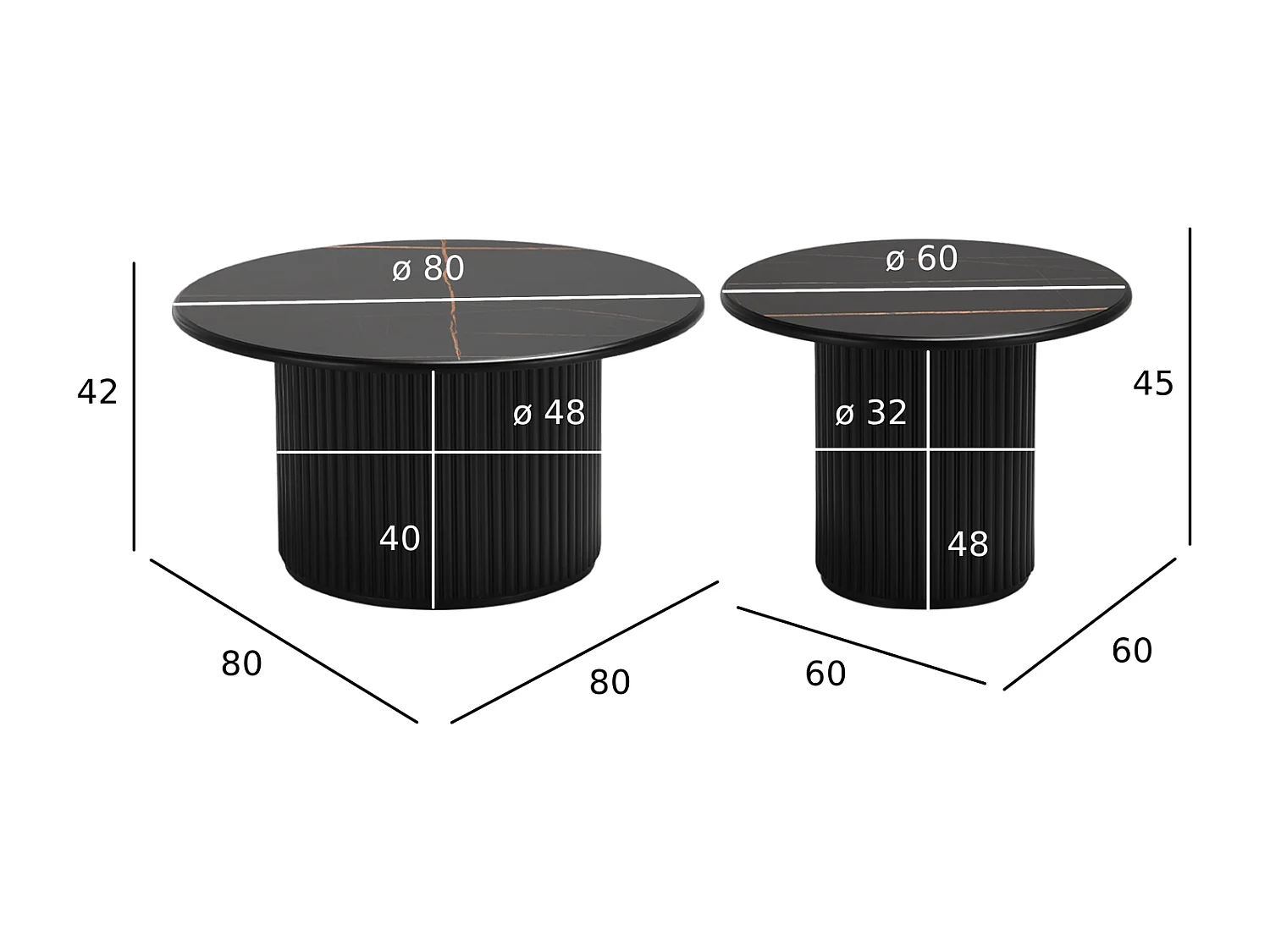 Couchtische 2er Set rund Easy - Marmor-Optik & MDF - Schwarz