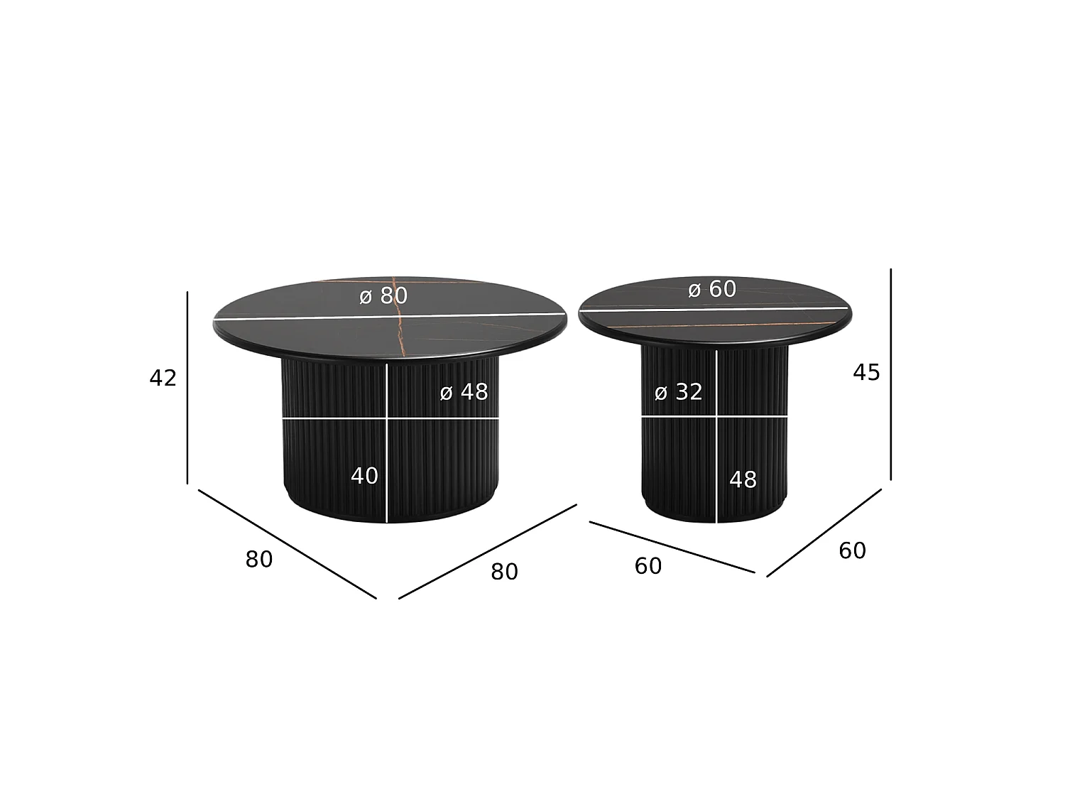 Couchtische 2er Set rund Easy - Marmor-Optik & MDF - Schwarz