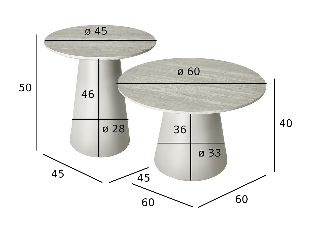 Couchtische 2er Set rund Tango - Travertine-Optik & MDF - Hellgrau