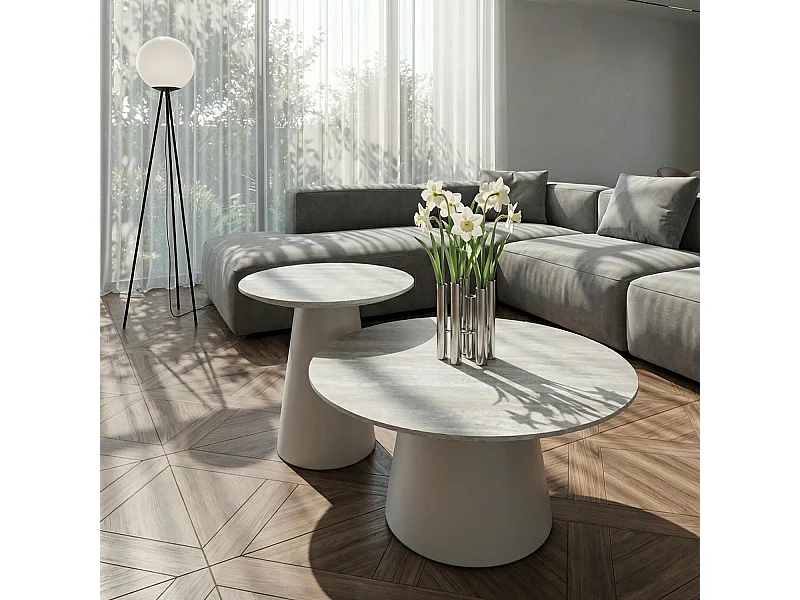 Couchtische 2er Set rund Tango - Travertine-Optik & MDF - Hellgrau