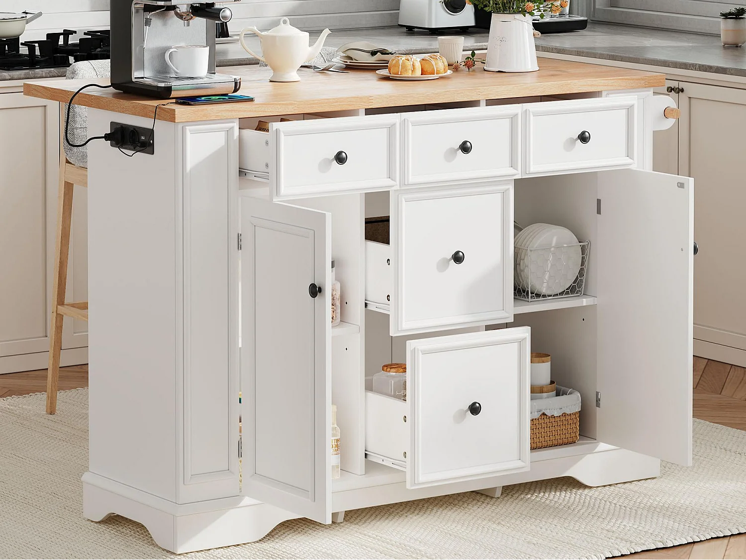 Îlot central de cuisine 130.5x40x92cm - plateau pliable - avec prise de courant - avec 2 portes et 5 tiroirs - blanc