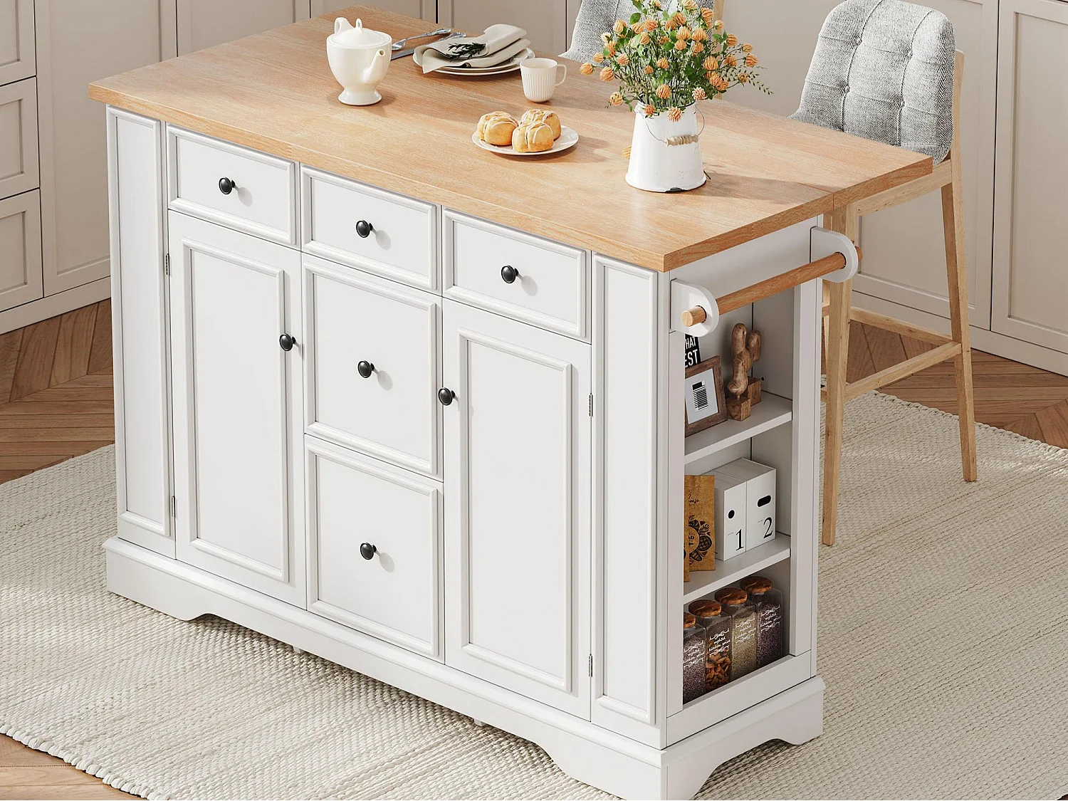 Îlot central de cuisine 130.5x40x92cm - plateau pliable - avec prise de courant - avec 2 portes et 5 tiroirs - blanc