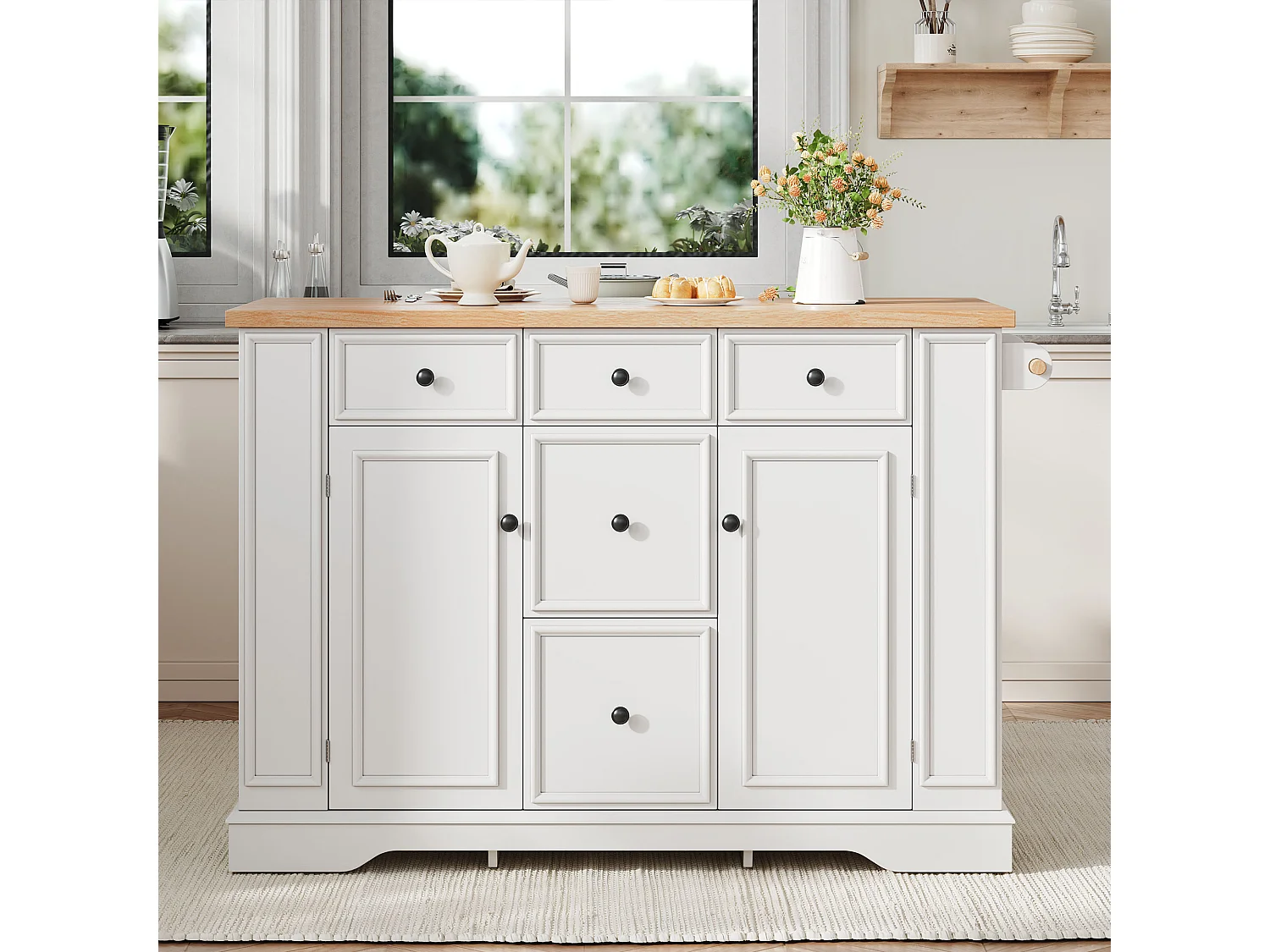 Îlot central de cuisine 130.5x40x92cm - plateau pliable - avec prise de courant - avec 2 portes et 5 tiroirs - blanc