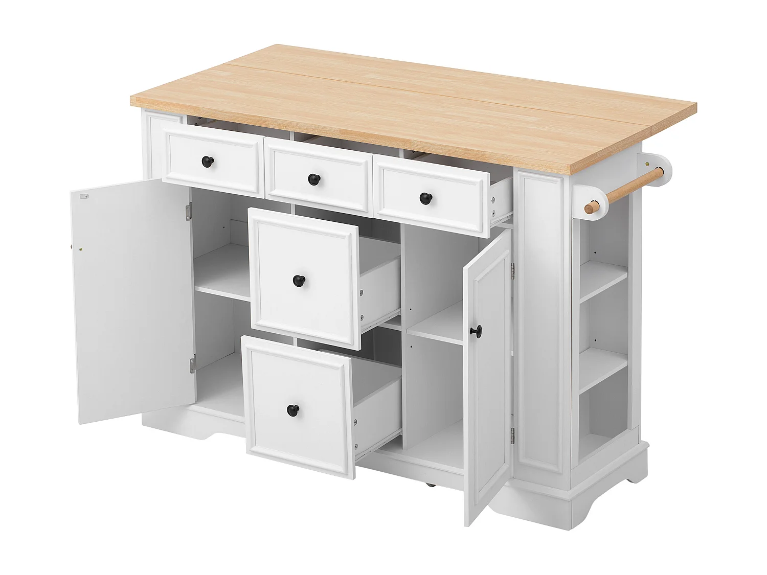 Îlot central de cuisine 130.5x40x92cm - plateau pliable - avec prise de courant - avec 2 portes et 5 tiroirs - blanc