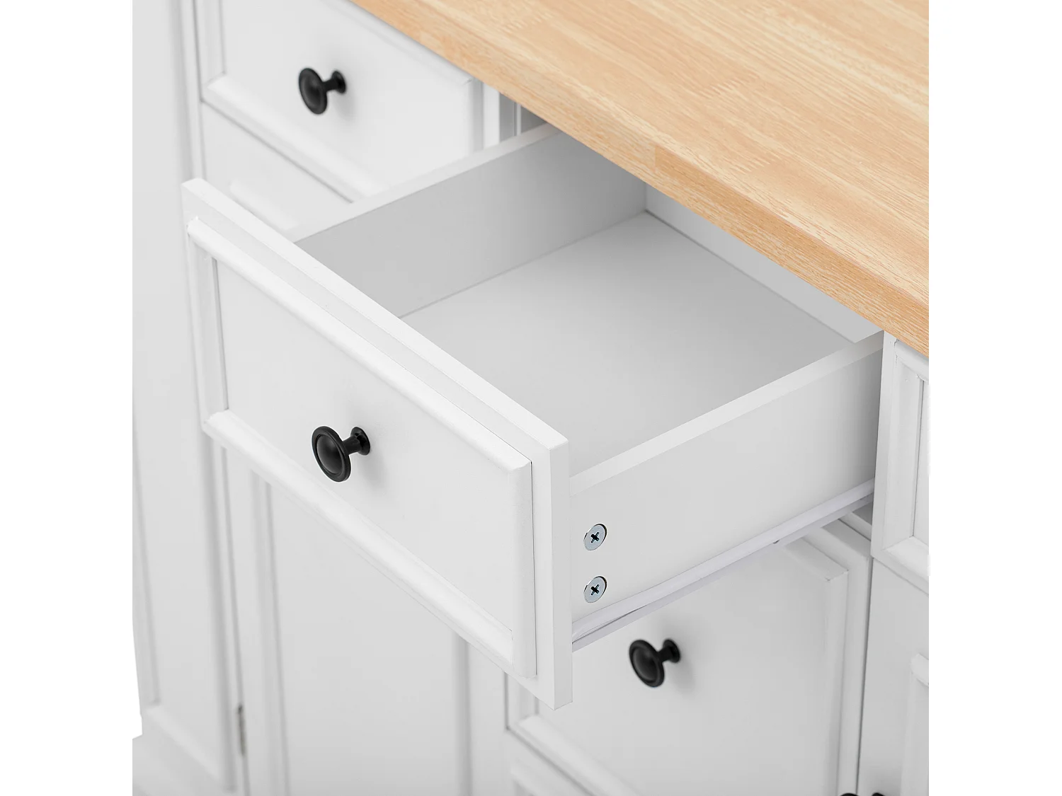 Îlot central de cuisine 130.5x40x92cm - plateau pliable - avec prise de courant - avec 2 portes et 5 tiroirs - blanc